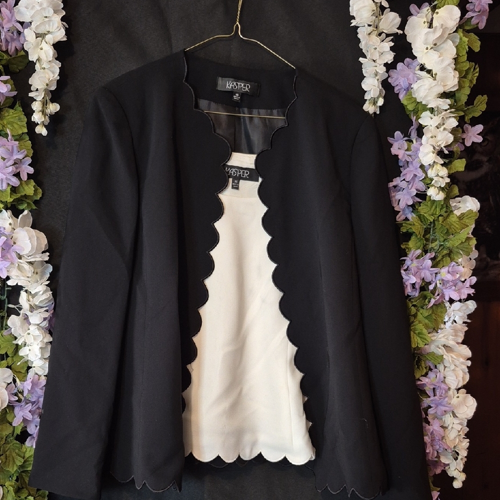 Kasper Black Scalloped-Edge Women's Blazer, Shirt, And Skirt (3 Pc Set)